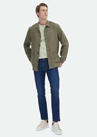 Haki Düz Regular Fit Dokuma %100 Keten Overshırt