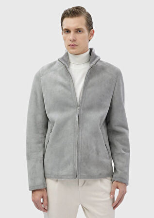 Açık Gri Regular Fit Dik Yaka Casual Kürk Deri Mont