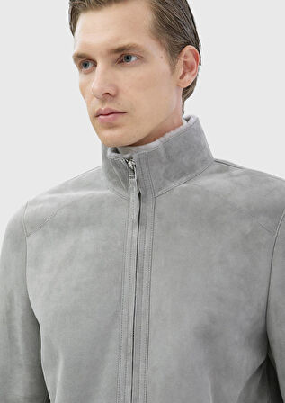 Açık Gri Regular Fit Dik Yaka Casual Kürk Deri Mont