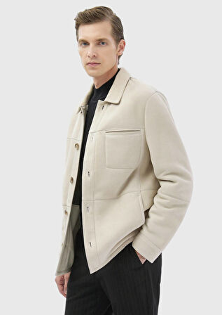 Bej Regular Fit Gömlek Yaka Casual Kürk Deri Mont