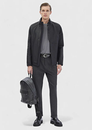 Siyah Regular Fit Dik Yaka Casual Süet Deri Mont