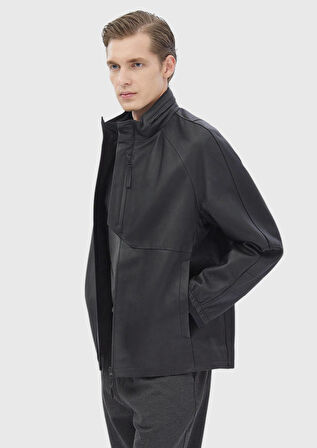 Siyah Regular Fit Dik Yaka Casual Süet Deri Mont