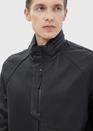 Siyah Regular Fit Dik Yaka Casual Süet Deri Mont