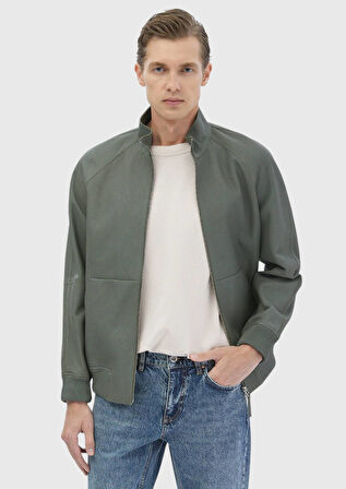 Açık Yeşil Regular Fit Dik Yaka Casual Süet Deri Mont