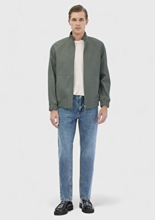 Açık Yeşil Regular Fit Dik Yaka Casual Süet Deri Mont