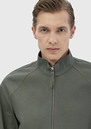 Açık Yeşil Regular Fit Dik Yaka Casual Süet Deri Mont