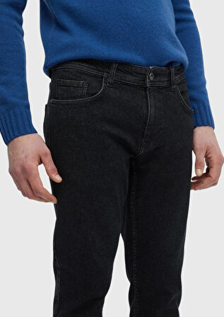 Siyah Düz Slim Fit Denim Pamuk Karışımlı Pantolon