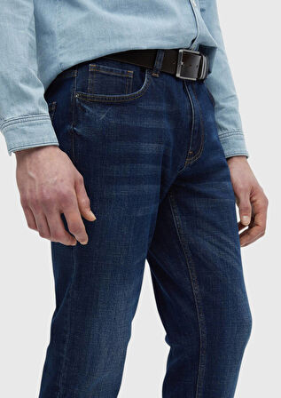 Lacivert Düz Slim Fit Denim Pamuk Karışımlı Pantolon