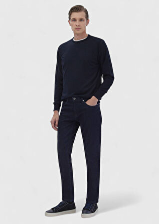 Lacivert Düz Slim Fit Denim Pamuk Karışımlı Pantolon