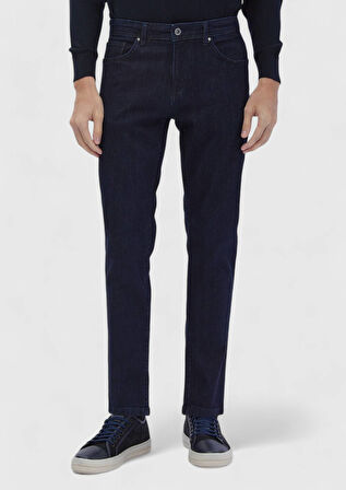 Lacivert Düz Slim Fit Denim Pamuk Karışımlı Pantolon