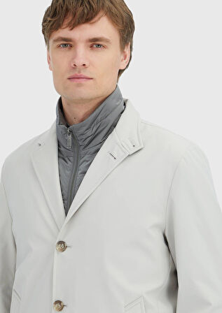 Ekru Regular Fit Kruvaze Yaka Casual Dokuma Pardesü