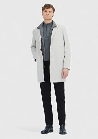 Ekru Regular Fit Kruvaze Yaka Casual Dokuma Pardesü