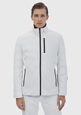 Beyaz Regular Fit Dik Yaka Casual Dokuma Çift Taraflı Mont