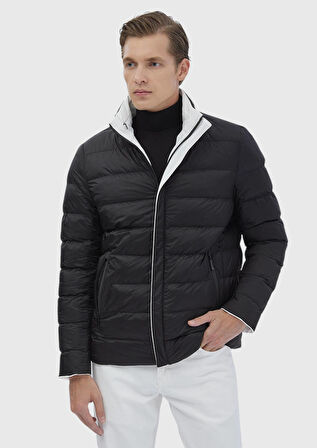 Beyaz Regular Fit Dik Yaka Casual Dokuma Çift Taraflı Mont