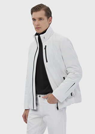 Beyaz Regular Fit Dik Yaka Casual Dokuma Çift Taraflı Mont