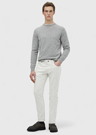 Ekru Düz Dokuma Slim Fit Casual Pamuk Karışımlı Pantolon