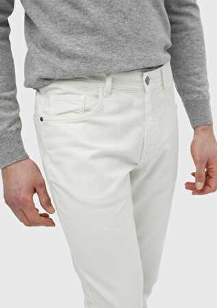 Ekru Düz Dokuma Slim Fit Casual Pamuk Karışımlı Pantolon