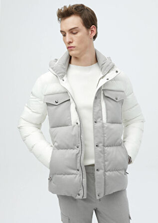 Beyaz Regular Fit Kapüşonlu Casual Dokuma Mont