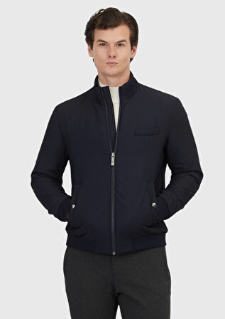 Lacivert Regular Fit Dik Yaka Casual Dokuma Mont