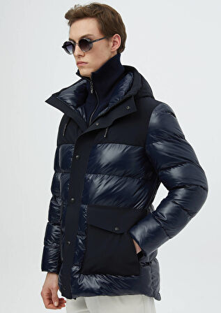 Lacivert Regular Fit Kapüşonlu Casual Dokuma Kaban