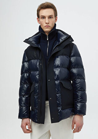 Lacivert Regular Fit Kapüşonlu Casual Dokuma Kaban