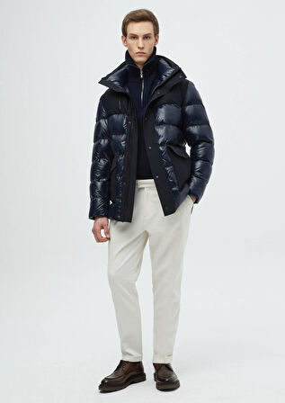 Lacivert Regular Fit Kapüşonlu Casual Dokuma Kaban