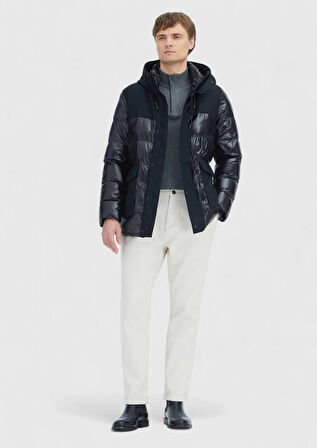 Siyah Regular Fit Kapüşonlu Casual Dokuma Kaban