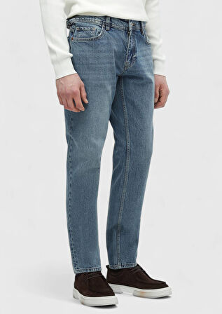 Mavi Düz Loose Fit Denim Pamuk Karışımlı Pantolon