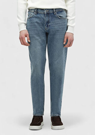Mavi Düz Loose Fit Denim Pamuk Karışımlı Pantolon