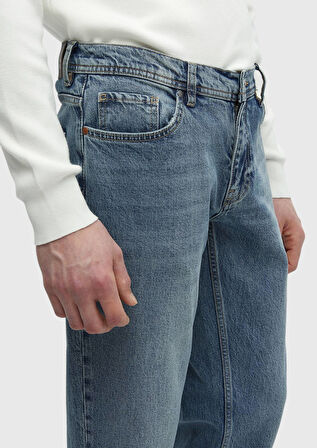 Mavi Düz Loose Fit Denim Pamuk Karışımlı Pantolon
