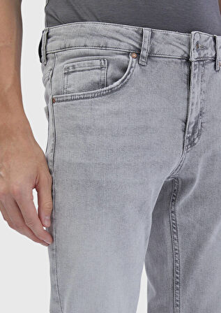 Gri Düz Slim Fit Denim Pamuk Karışımlı Pantolon