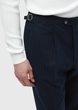 Lacivert Çizgili Dokuma Loose Fit Casual Pantolon