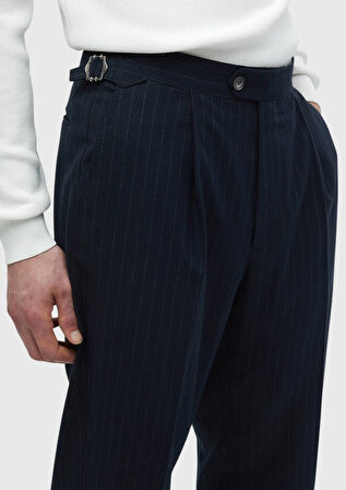 Lacivert Çizgili Dokuma Loose Fit Casual Pantolon
