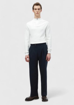 Lacivert Çizgili Dokuma Loose Fit Casual Pantolon