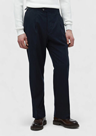 Lacivert Çizgili Dokuma Loose Fit Casual Pantolon
