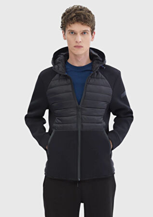 Siyah Regular Fit Kapüşonlu Denim Dokuma Mont