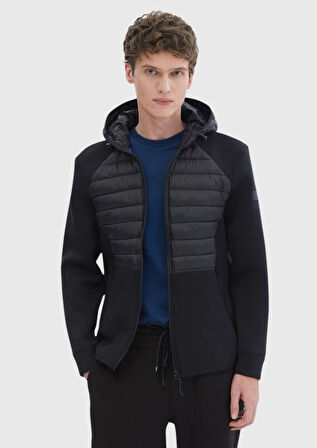 Siyah Regular Fit Kapüşonlu Denim Dokuma Mont