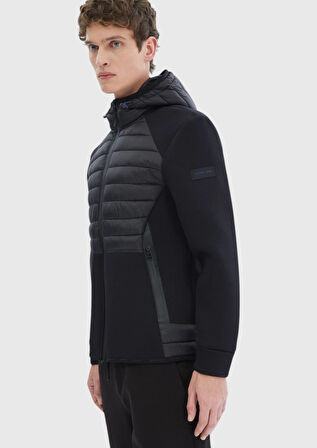 Siyah Regular Fit Kapüşonlu Denim Dokuma Mont