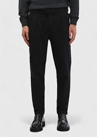 Siyah Düz Dokuma Carrot Fit Casual Pamuk Karışımlı Pantolon