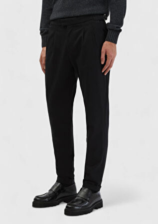 Siyah Düz Dokuma Carrot Fit Casual Pamuk Karışımlı Pantolon