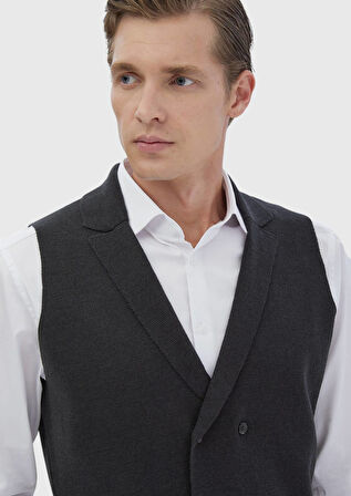 Antrasit Regular Fit Kelebek Yaka Casual Örme Triko Yelek