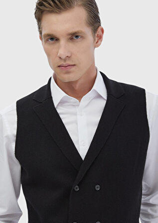 Siyah Regular Fit Kelebek Yaka Casual Örme Triko Yelek