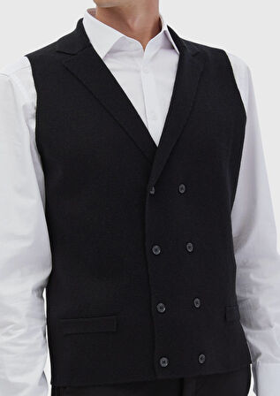 Siyah Regular Fit Kelebek Yaka Casual Örme Triko Yelek