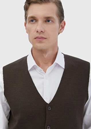 Kahverengi Regular Fit V Yaka Casual Örme Triko Yelek