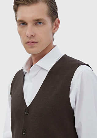 Kahverengi Regular Fit V Yaka Casual Örme Triko Yelek