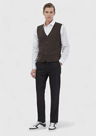 Kahverengi Regular Fit V Yaka Casual Örme Triko Yelek