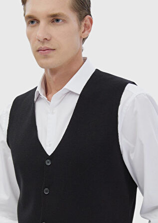 Siyah Regular Fit V Yaka Casual Örme Triko Yelek