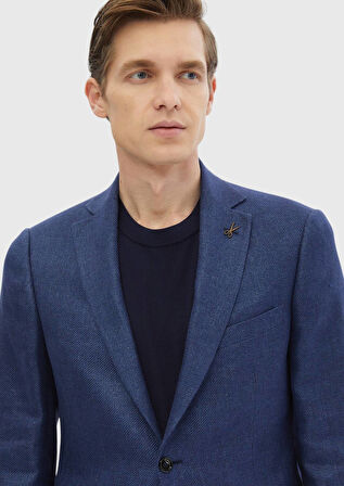 Lacivert Düz Regular Fit Yün Karışımlı Ceket