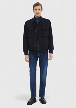 Lacivert Regular Fit Dik Yaka Casual Dokuma Mont