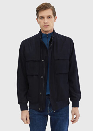Lacivert Regular Fit Dik Yaka Casual Dokuma Mont